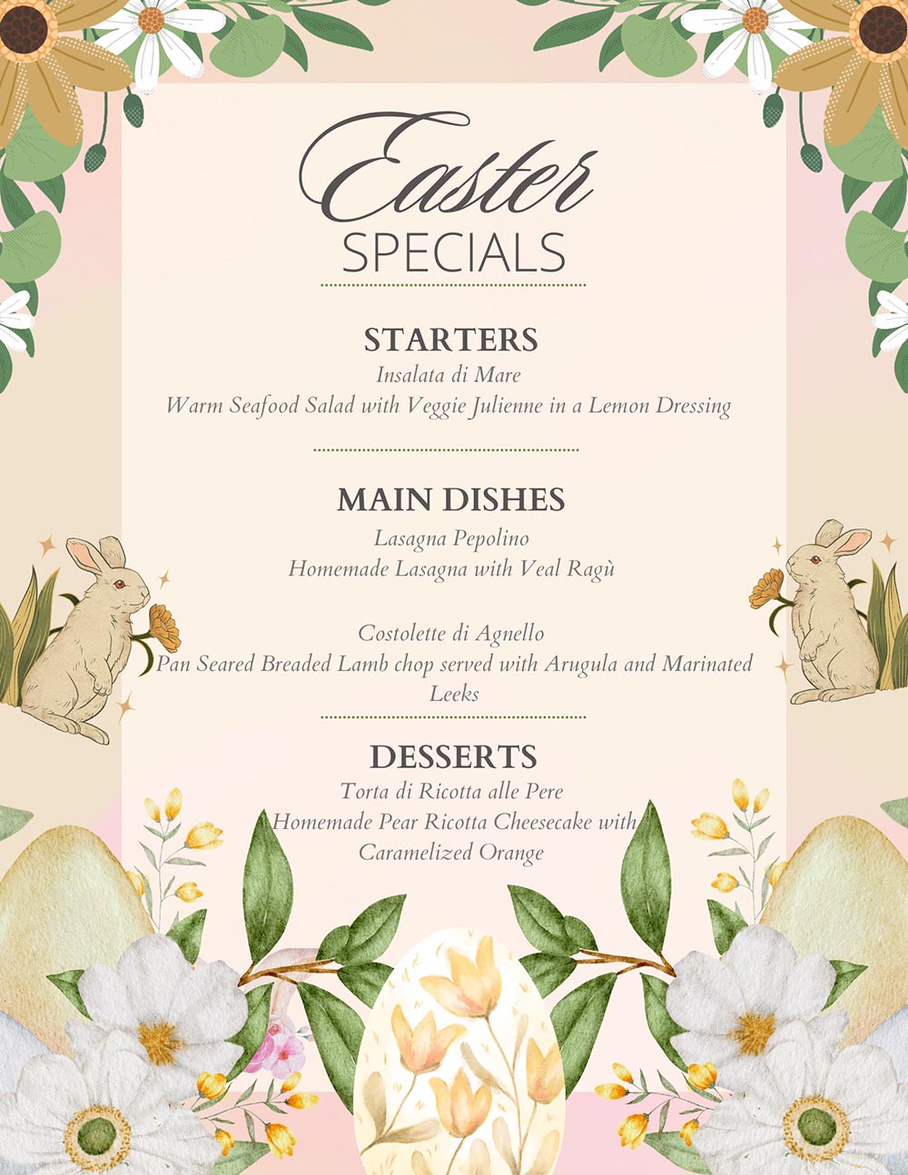 Easter specials menu with starters, main dishes, and desserts surrounded by floral and bunny illustrations.