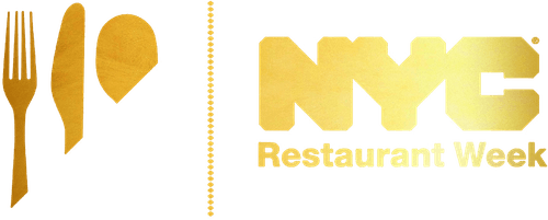 Gold NYC Restaurant Week logo with fork, knife, and spoon icons separated by a vertical line.
