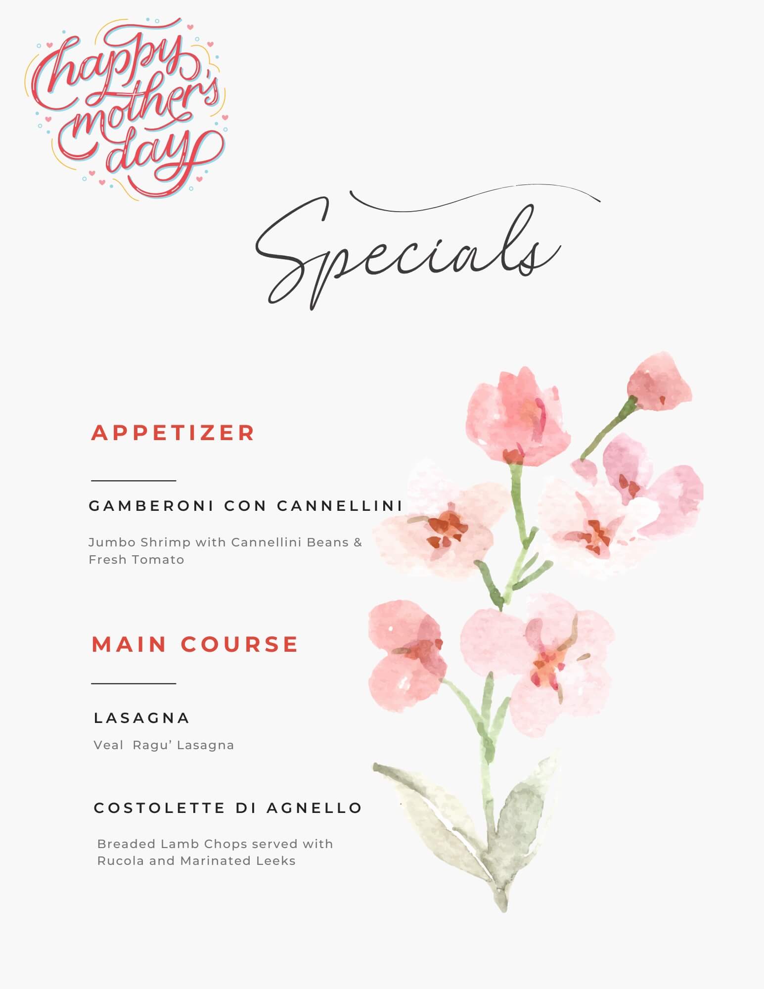 Mother's Day specials menu featuring an appetizer of jumbo shrimp with cannellini beans and fresh tomato and main courses of veal ragu lasagna and breaded lamb chops with rucola and marinated leeks, decorated with pink watercolor flowers.