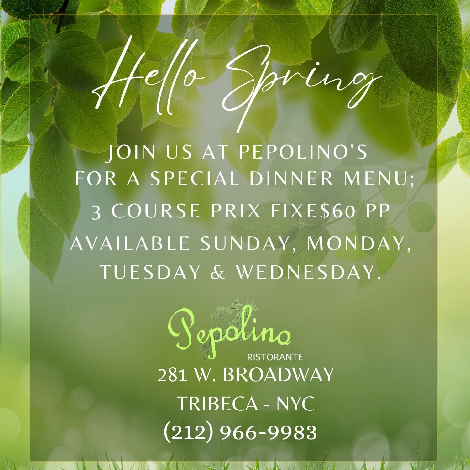 JOIN US AT PEPOLINO'S FOR A SPECIAL DINNER MENU. 3 COURSE PRIX FIXE. MARCH 23RD TO APRIL 30TH. AVAILABLE SUNDAY, MONDAY, TUESDAY & WEDNESDAY.