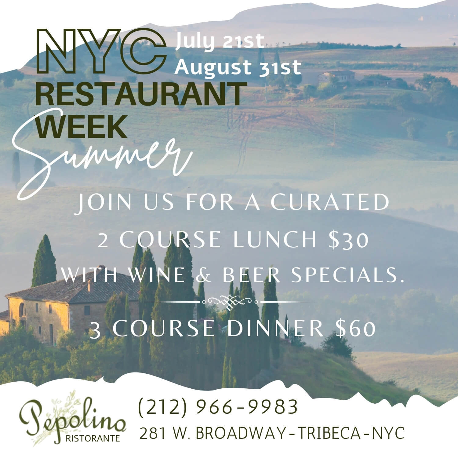 NYC RESTAURANT WEEK. JOIN US FOR A CURATED 2 COURSE LUNCH $30. 3 COURSE DINNER $60. WITH WINE & BEER, SPECIALS